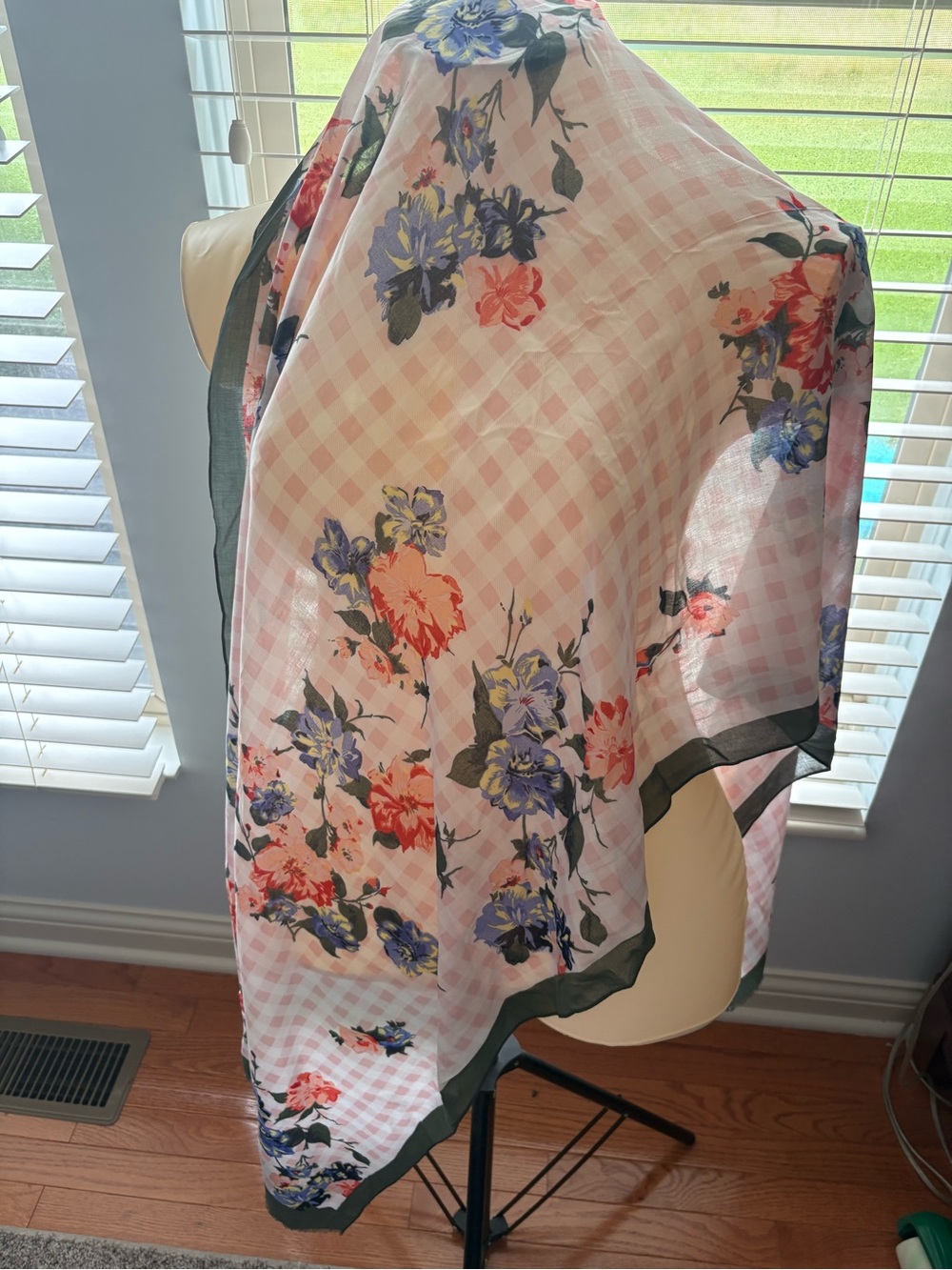 Talbots 100% Viscose Floral Gingham Scarf Wrap Pink Blue Green 68”x 25 1/2”